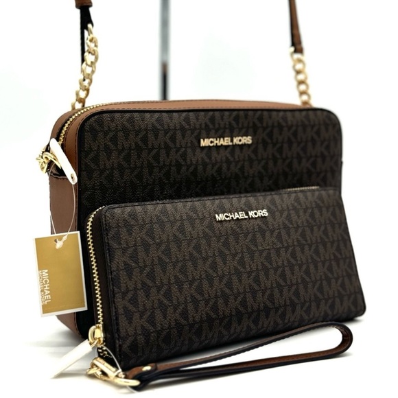 Michael Kors Large EW Crossbody Bag & Large Continental Wallet Brown/Gold - Picture 3 of 13